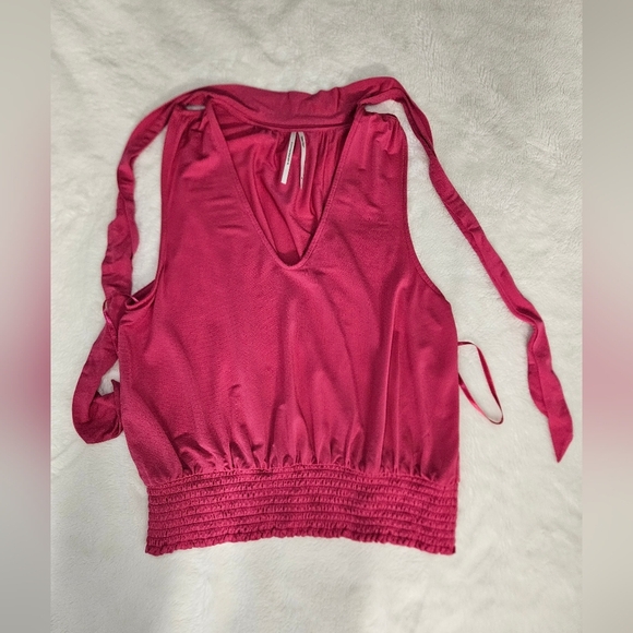Anthropologie Ruffle Bow Tie Neck Rasberry Pink Sleeveless Blouse Size M - Picture 7 of 9